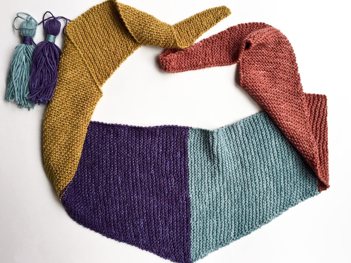 Baktus Scarf hand knit in Cowgirlbues wool Mustard, Aubergine, Celadon, Terracotta