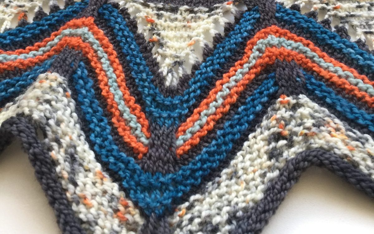Slipstravaganza Shawl knit chevrons in Cowgirlblues Merino Twist
