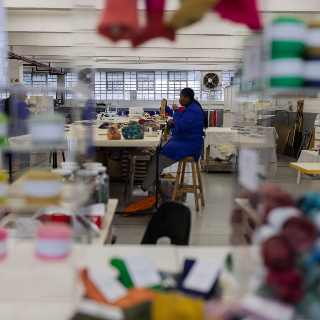 The Cowgirlblues team is at work in the studio: winding and twisting skeins, hand dyeing, and turning textile offcuts into our scrappy sling bags.