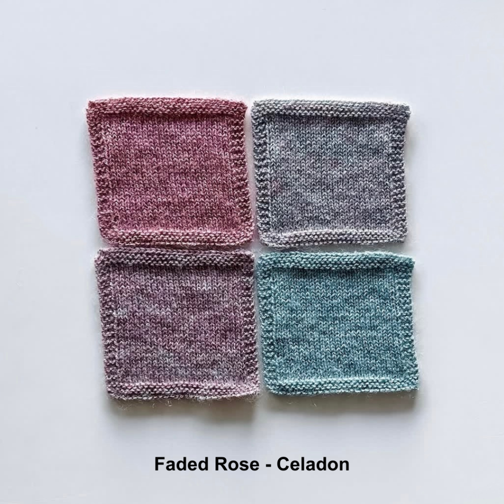 Four swatches knit in combinations of Cowgirlblues Merino Twist and Kidsilk Faded Rose, and Cowgirlblues Twist and Kidsilk in Celadon.