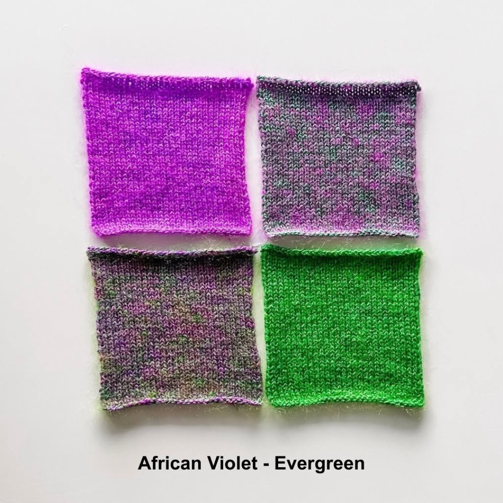 Four swatches knit in combinations of Cowgirlblues Merino Twist and Kidsilk African Violet, and Cowgirlblues Twist and Kidsilk in Evergreen.