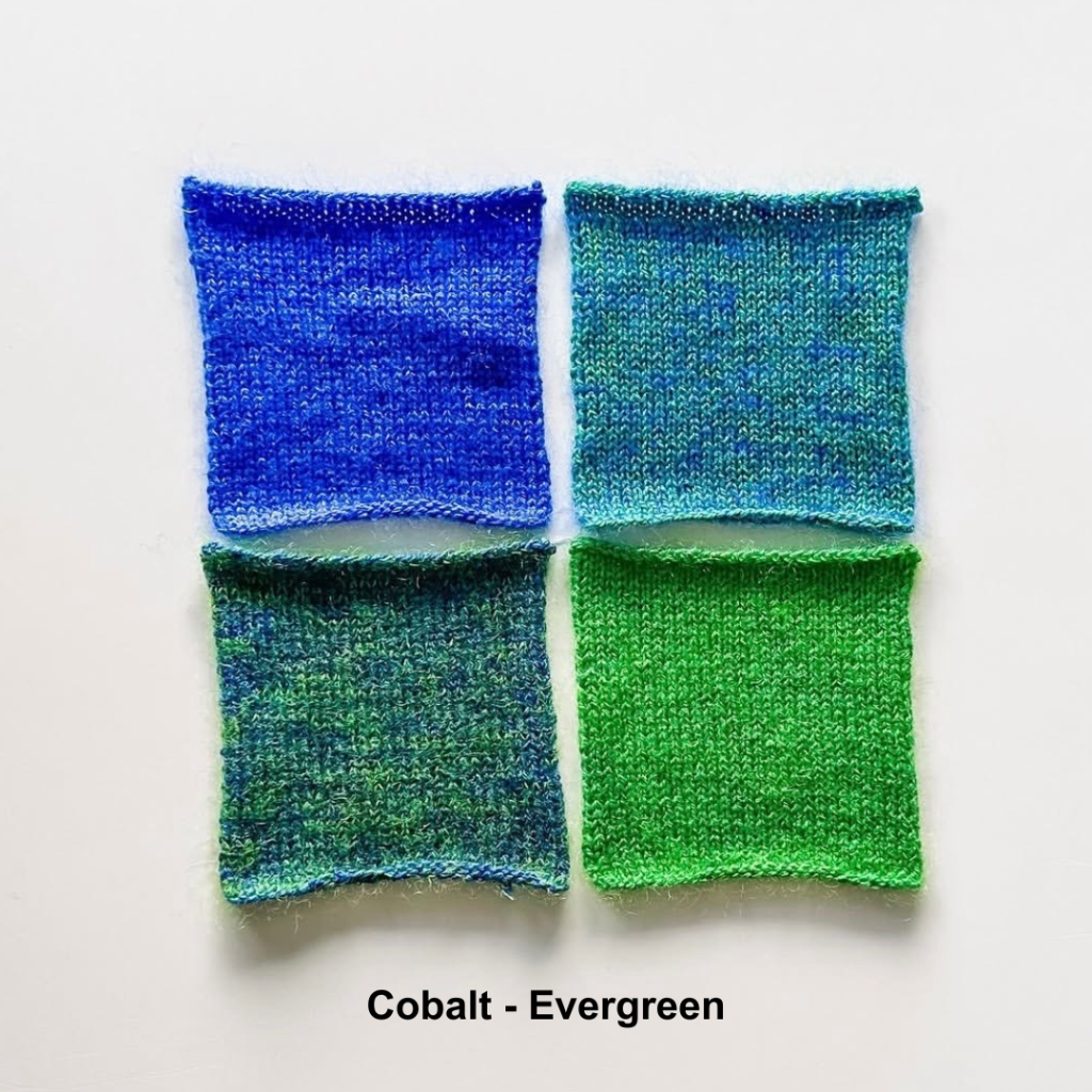 Four swatches knit in combinations of Cowgirlblues Merino Twist and Kidsilk Cobalt, and Cowgirlblues Twist and Kidsilk in Evergreen.