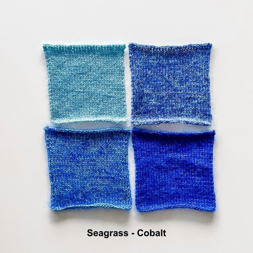 Four swatches knit in combinations of Cowgirlblues Merino Twist and Kidsilk Cobalt, and Cowgirlblues Twist and Kidsilk in Seagrass. Illustrating the range of options even when sticking within a cool colour family.